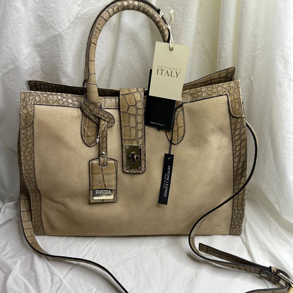 Claudia Firenze Bag Croc Embossed Leather Pony Hair Satchel Crossbody Strap‎ NEW